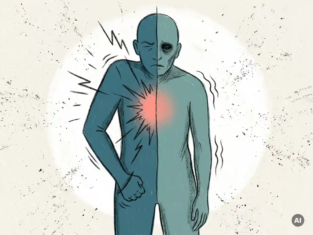 Redactionele illustratie van een menselijke figuur die tegelijk spanning en uitputting toont, in petrolblauw met koraalroze accent op het borstvlak.