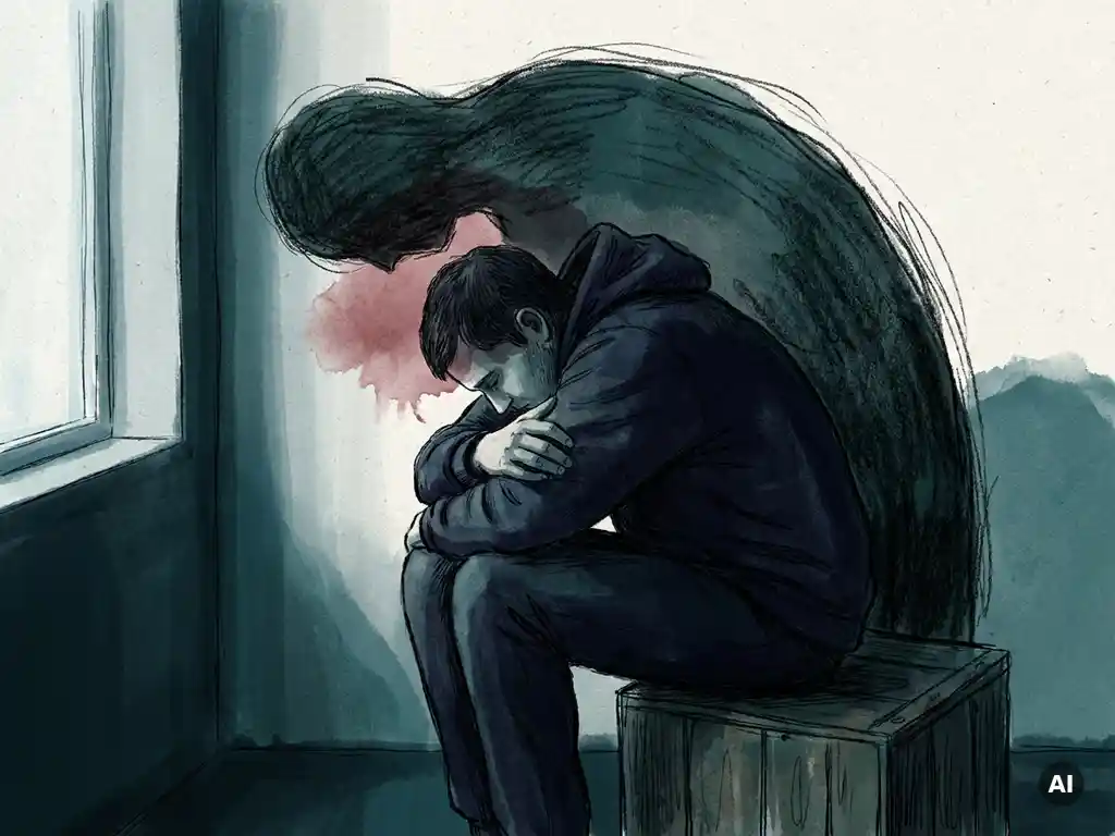 Gekromde figuur die knieën vasthoudt onder drukkende donkere schaduw, expressieve houtskoolillustratie over emotionele last in petrol en marineblauw.