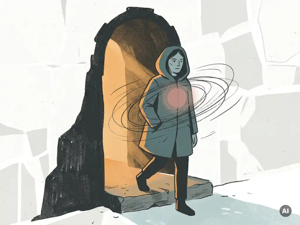 Silhouet van een persoon in een deuropening, half naar buiten stappend, met warme binnenverlichting en koele teal schaduwen die innerlijke twijfel uitdrukken.