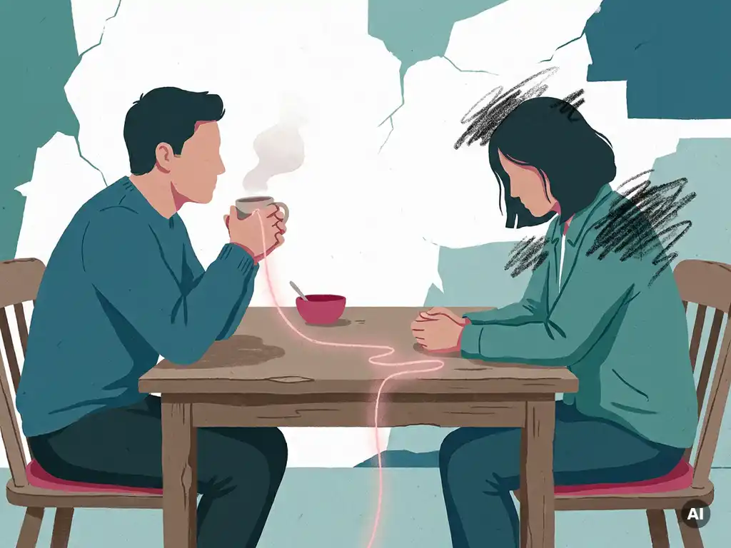 Twee figuren aan een keukentafel verbonden door een roze lichtdraad, één met een mok in de handen, in een intieme gespreksillustratie.