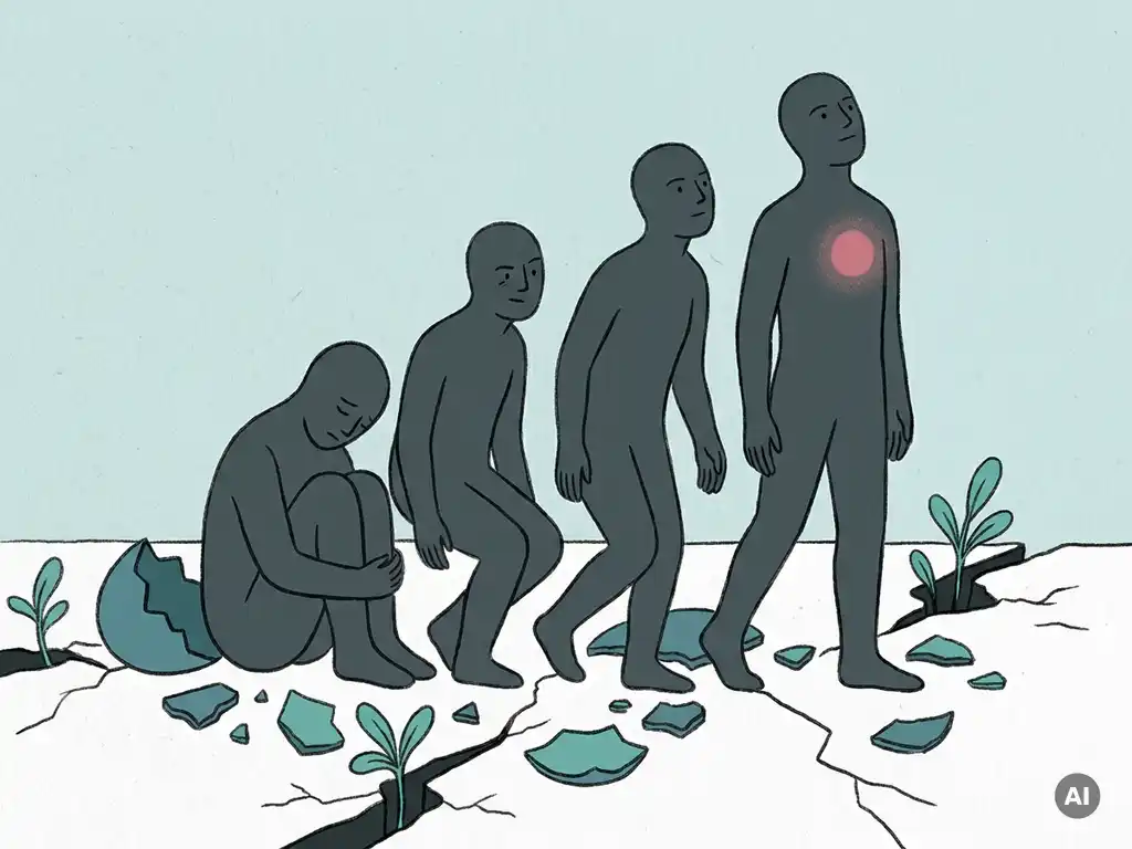 Silhouet van een figuur die opstaat tussen gebroken schelpresten, met turquoise sprietjes uit de grond en een roze gloed op de borst.