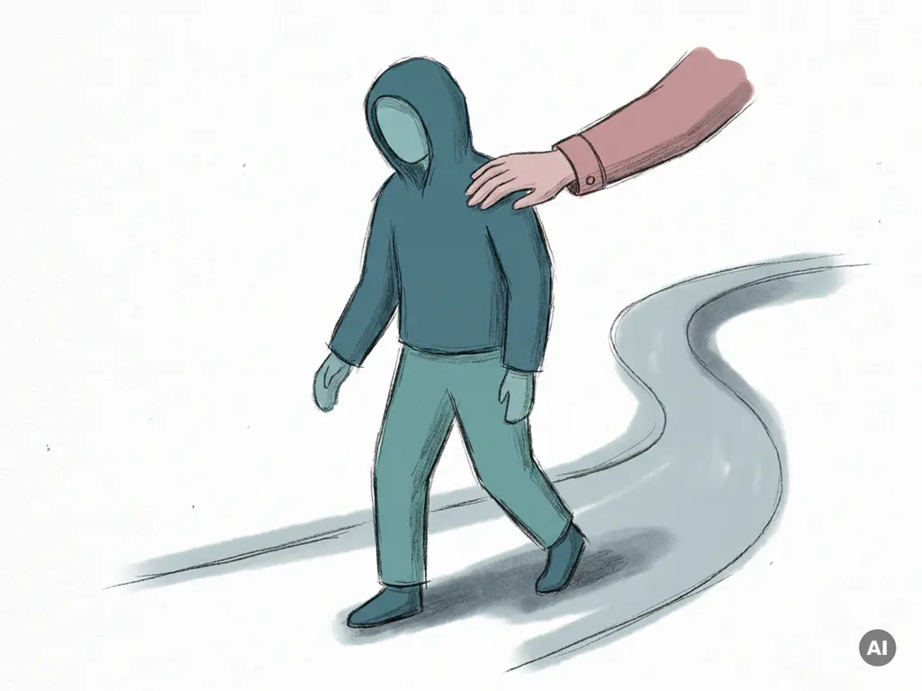 Persoon die voorzichtig vooruitstapt op een pad, met een steunende hand op de schouder, in expressieve illustratiestijl met petrolblauwe tinten.