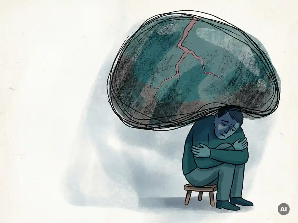Gebogen figuur op kruk onder zwaar doorschijnend schelpvormig gewicht, in petrolblauw en teal, met roze scheur; uitbeelding van schaamte en uitputting.