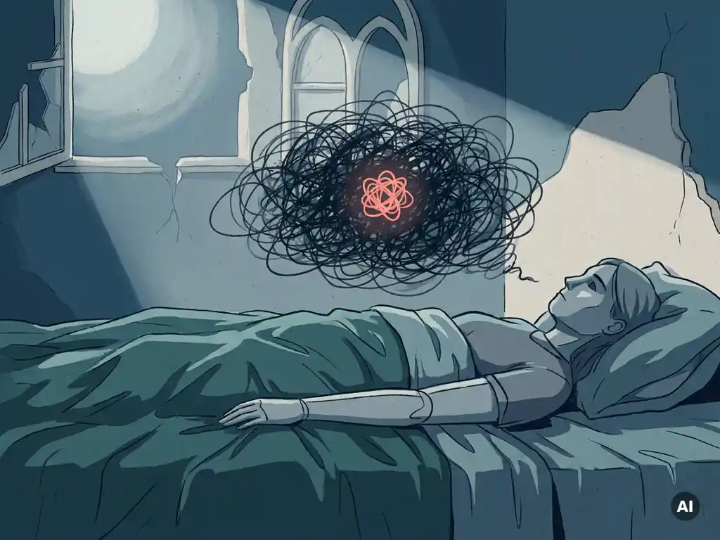 Slapende figuur in bed met verwarde donkere lijnen boven de borst die rusteloze gedachten symboliseren, maanlicht, blauwe schaduwen.