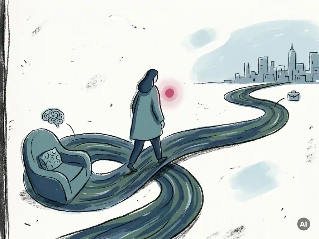Persoon op een pad dat splitst in twee wegen — werk en therapie — samengekomen onder de voeten, met een zacht roze gloed bij het hart.