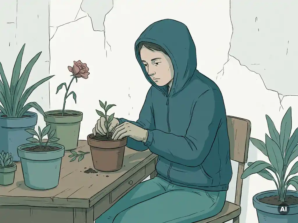 Persoon plant voorzichtig een kleine stek in aarde aan een houten bureau, omringd door groeiende planten in petrolblauwe tinten, redactionele illustratie.